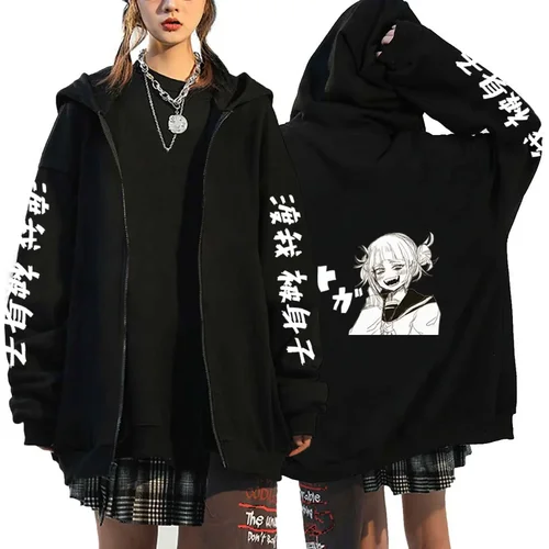 Sudadera con capucha con estampado gráfico de My Hero Academia Himiko Toga para hombre y mujer, sudaderas con cremallera, sudadera de gran tamaño, chaqueta con cremallera Harajuku
