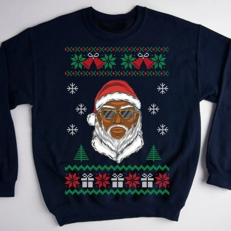 

Black Santa Ugly Christmas Unisex Funny Autumn and Winter Sweatshirt Long Sleeve Thermal Hoodie Loose Casual All-match Pullover