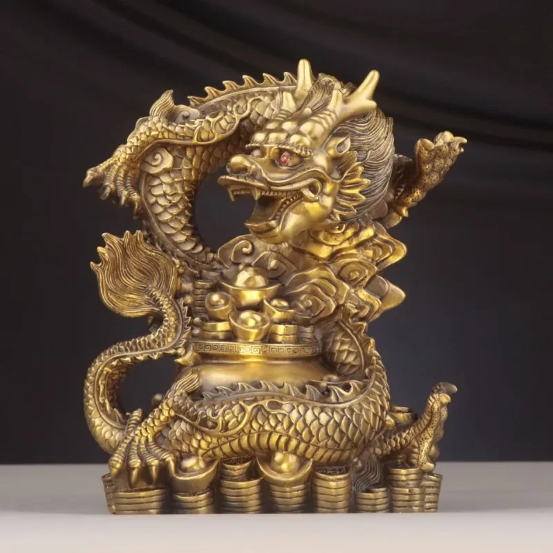 

Chinese Pure Copper Dragon Ornaments Treasure Bowl Dragon Zodiac Home Desktop Statues Decorations