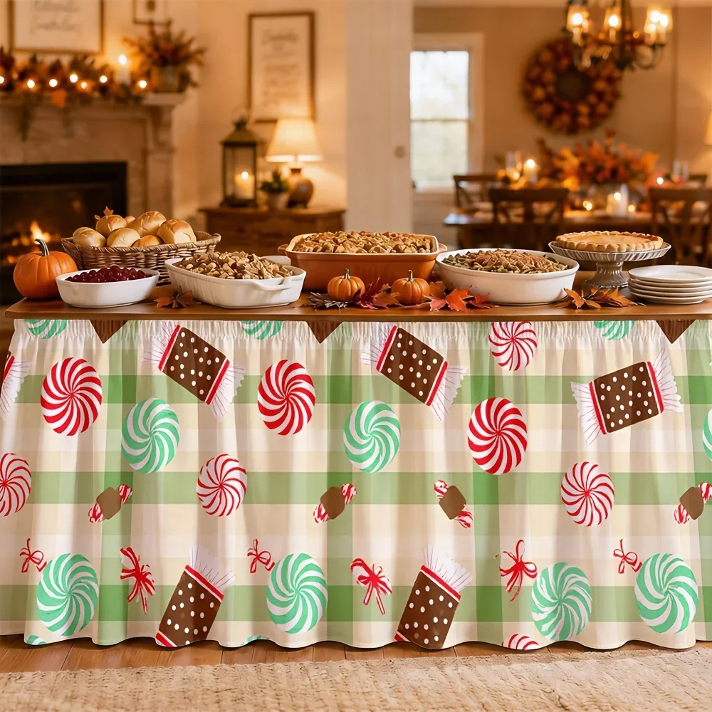 Table skirt with sweet candy pattern in retro festive style for winter, especially for Christmas.