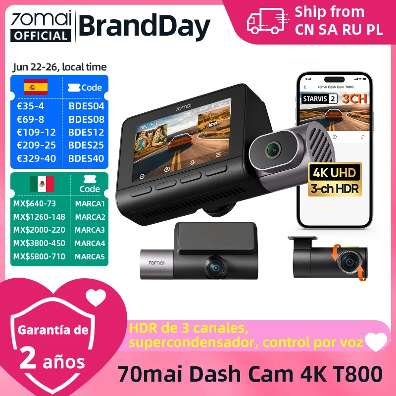70mai Dash Cam 4K T800 supercondensador HDR de 3 canales registro de cabina delantera trasera GPS coche DVR 70mai T800 24H soporte de protección de estacionamiento 4G