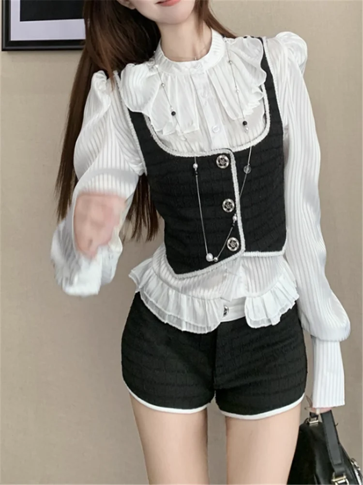 

New Fall Preppy Style 3 Pieces Matching Suits Long Sleeve Ruffles Striped Shirt&Short Slim Vest&Mini Shorts Chic Two Piece Sets