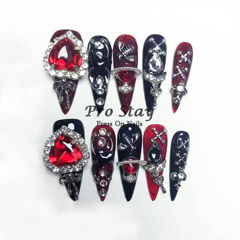 10pcs Y2K Hot Girl Handmade Fake Nails in Black and Red with Gems and Metal Accessories Mine girl Wearable Artificial False Nail