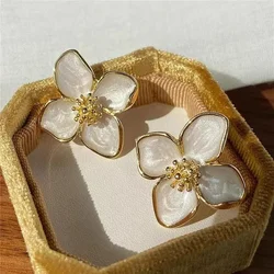 Hibiscus Dropped Glaze Flower Stud Earrings for Women Girl Ins Vintage Fashion Wedding Romantic Jewelry Gifts