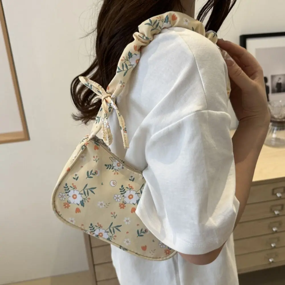 

Flower Pattern Printing Shoulder Bag Large Capacity Bow Sweet Canvas Bag Underarm Bag Wrinkle Lovely Tote Bag Outdoor
