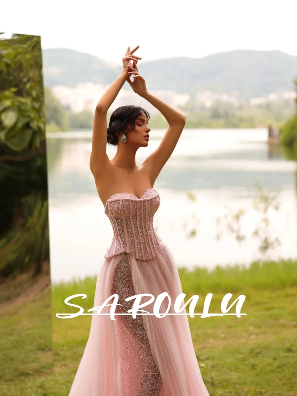 

Pink Sweetheart Neckline Tulle Evening Dress Glamorous Corset Pearls A Line Stylish Cocktail Gown Customized For Party