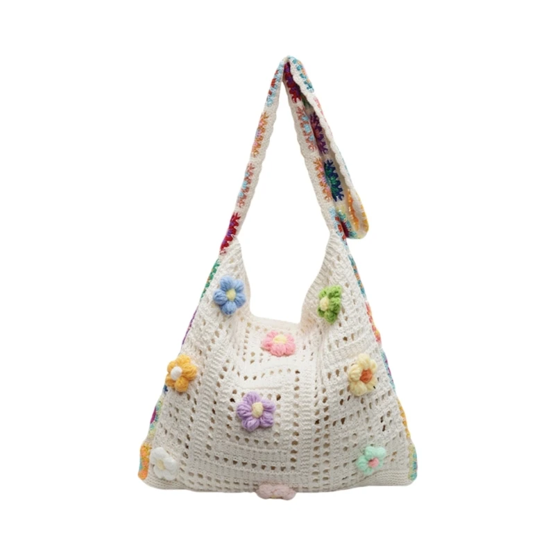 

E8FB Crochet Shoulder Bag Women's Lightweight Knitted Beach Bag Crossbody Purse With Bohemian Embroidery And Long Strap