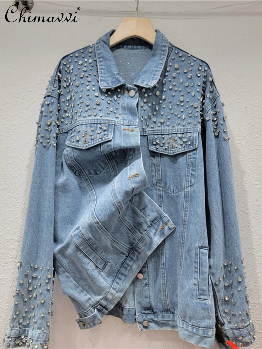 

Spring New Fashion Polo Collar Exquisite Rhinestone Single-Breasted Long Sleeve Denim Jackets Streetwear Retro Washed Coat Top