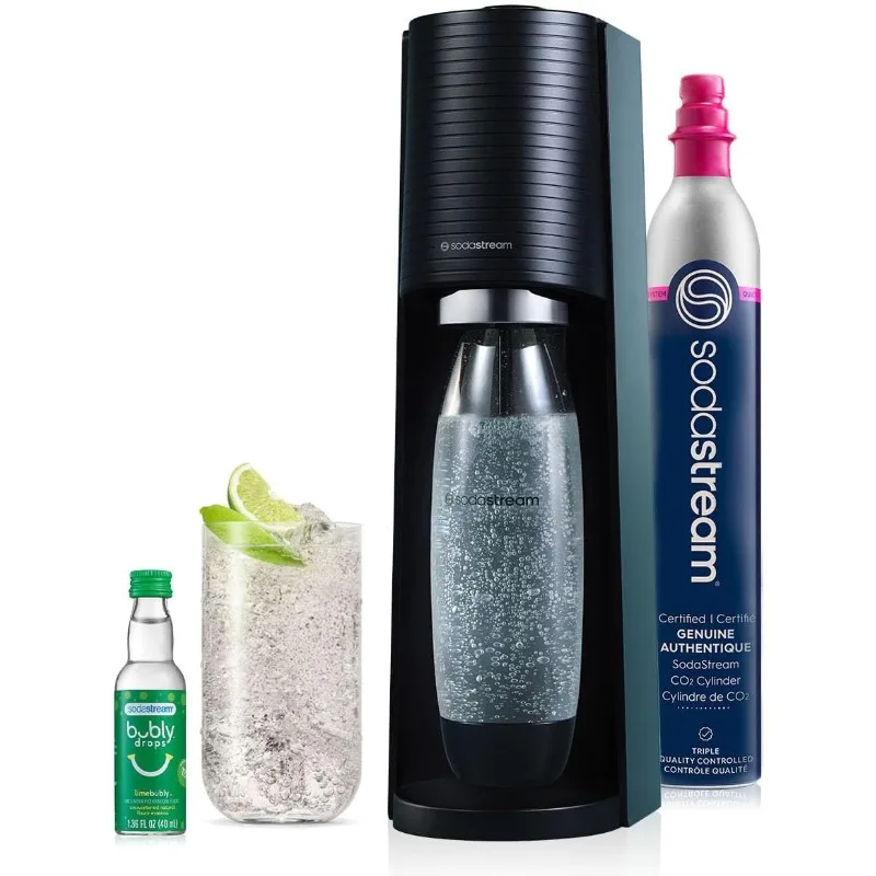 Terra Sparkling Water Maker (Black) with CO2, DWS Bottle and Bubly Drop, Battery Powered