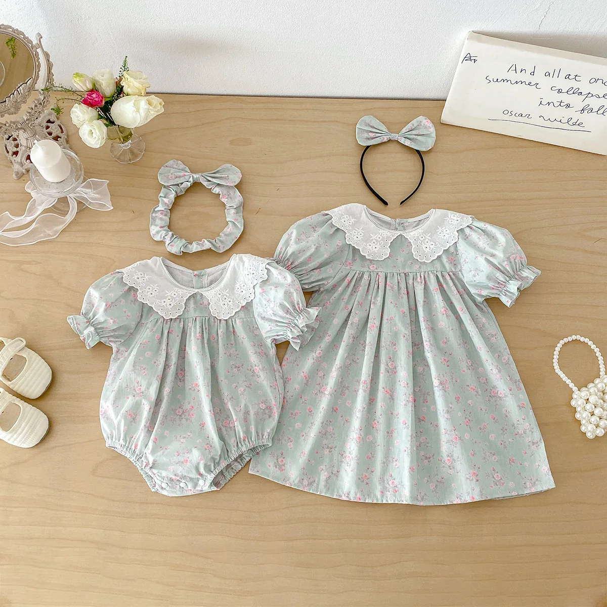 2026-summer-baby-toddler-matching-floral-outfits-puff-sleeve-lace-collar-bodysuit-dress-for-little-big-sisters