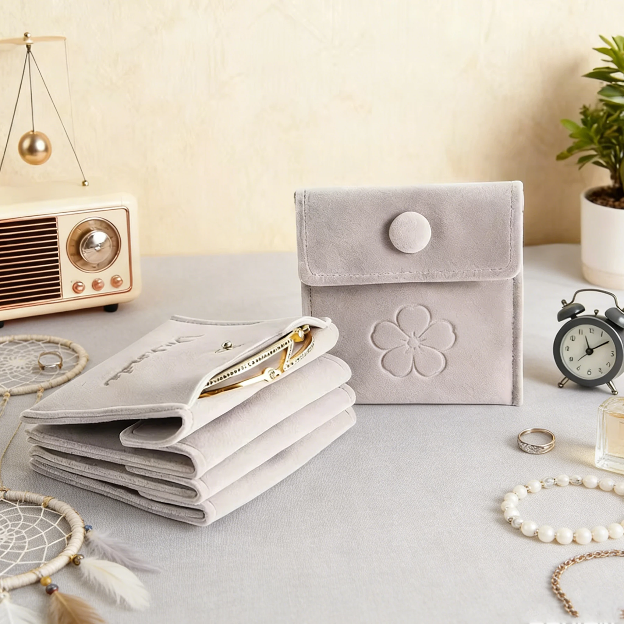 

100-Pack Bulk 7x7cm Luxury Custom Logo Velvet Necklace Bracelet Jewelry Pouch DIY Wedding Party Suede Gift Snap Button Bags