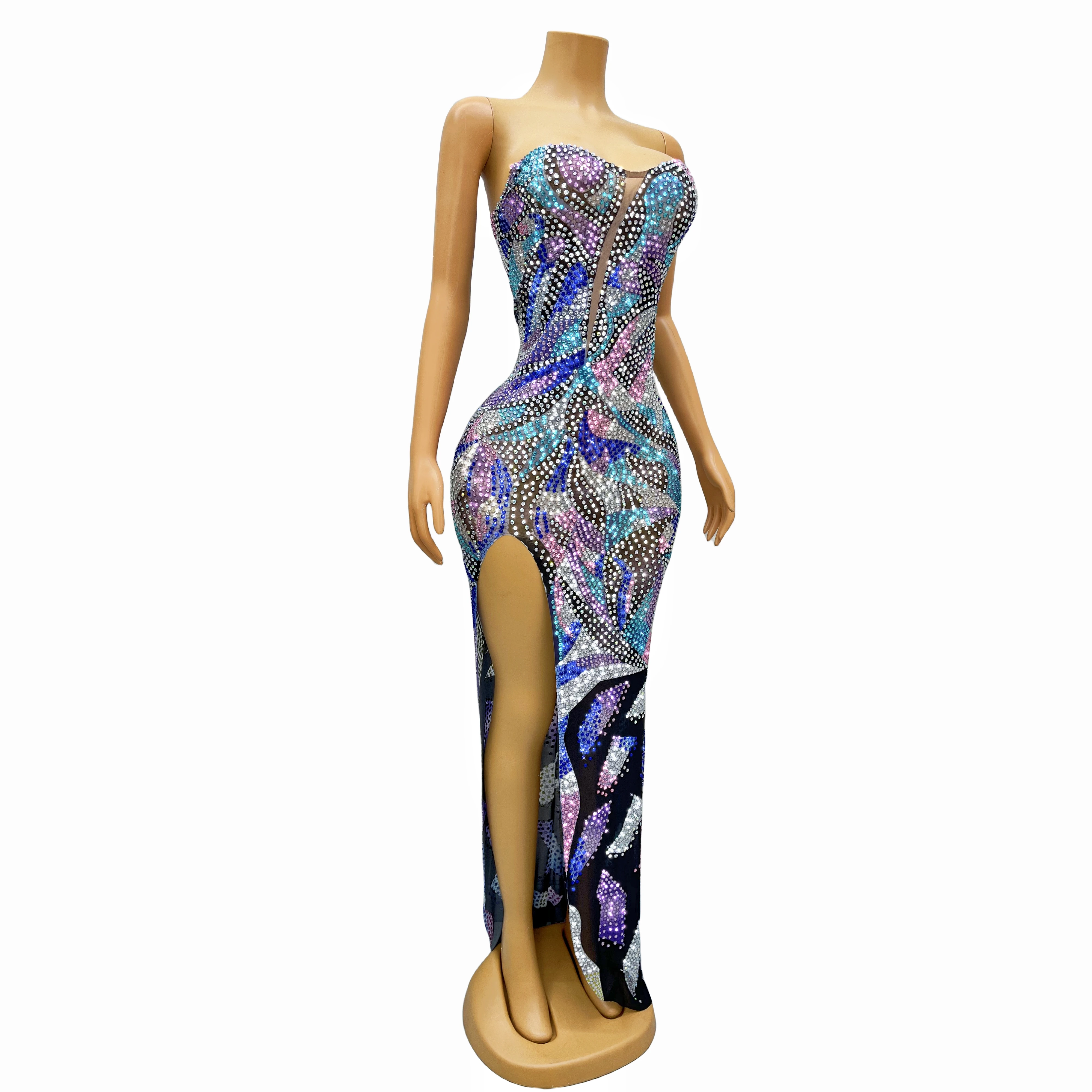 Sparkly Colorful Rhinestones Long Train Split Dress Evening Birthday Celebrate Costume Sexy Crystals Collection caiqi