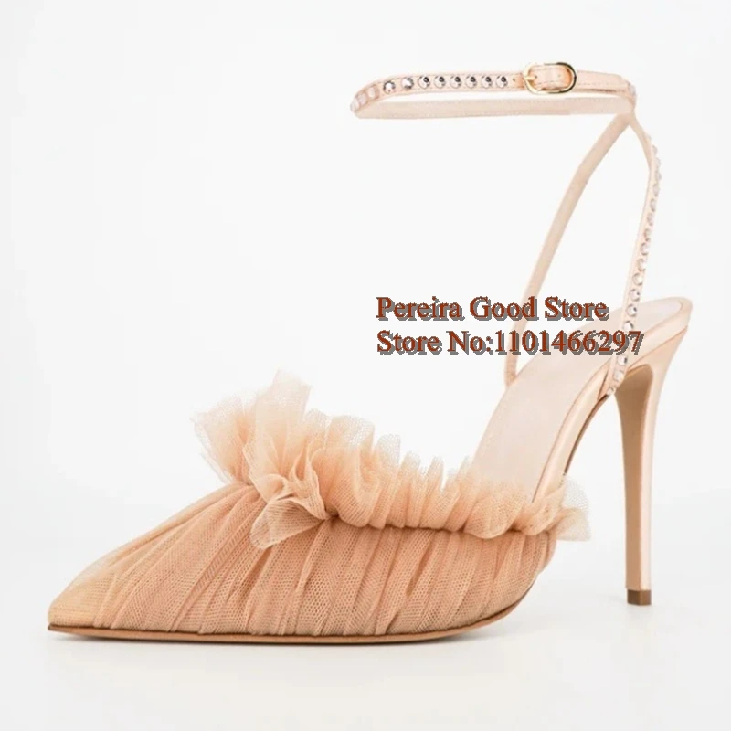 Lavender Mesh Ruffle Stiletto Heels Pump Bling Crystal Ankle Strap Ruffled Toe Satin Elegant Banquet Dress Shoes Women Size45