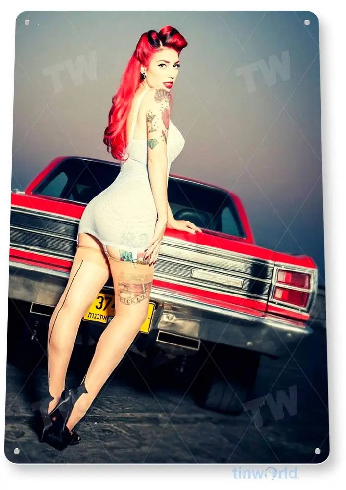 Tinworld Tin Sign Red On Red Hot Rod Pin-Up Girl Garage Auto Shop Bar Metal Sign Decor A587