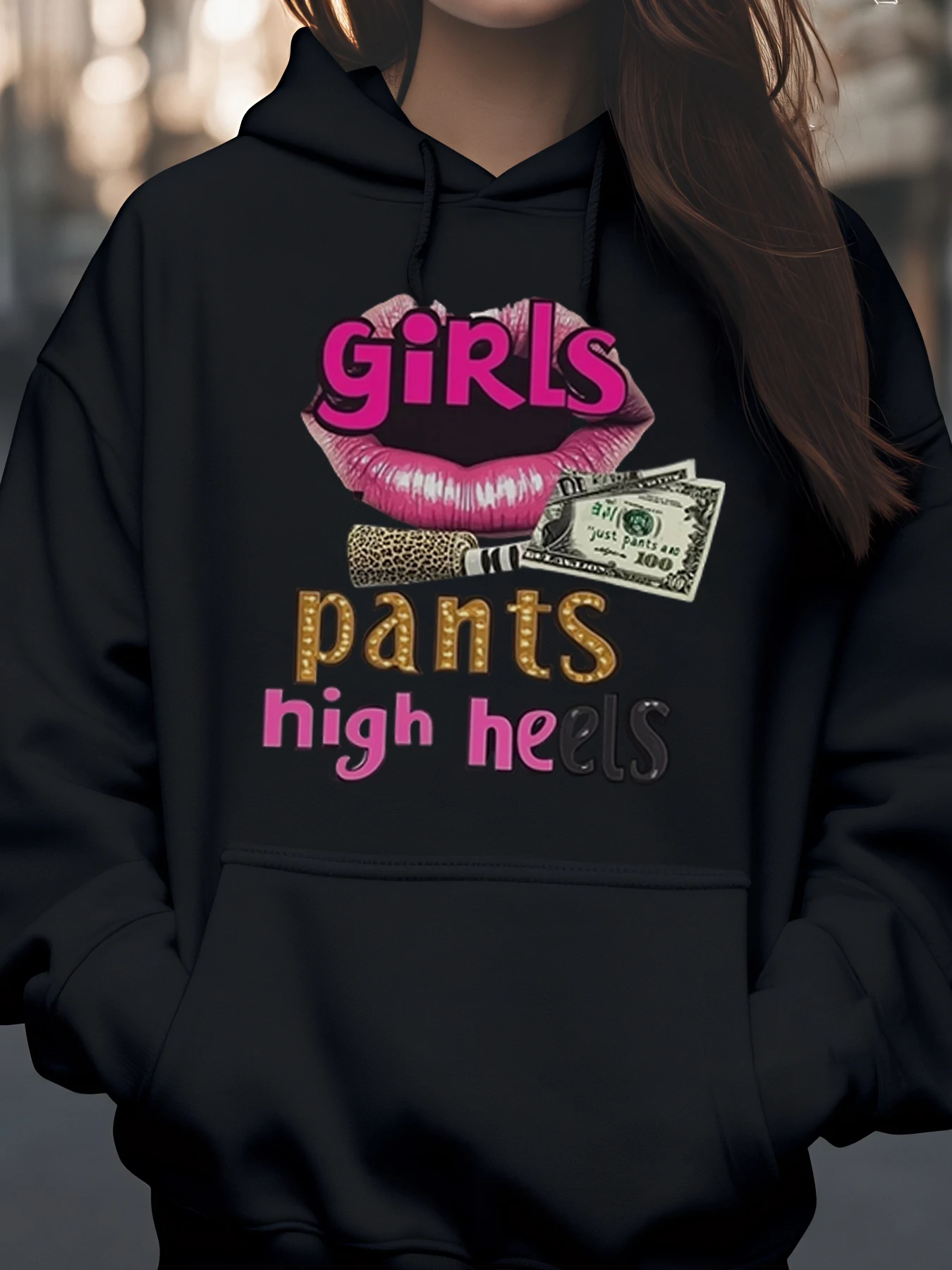 هوديي بطبعة أموال الشفاه والكعب للنساء ملابس غير رسمية على الموضة