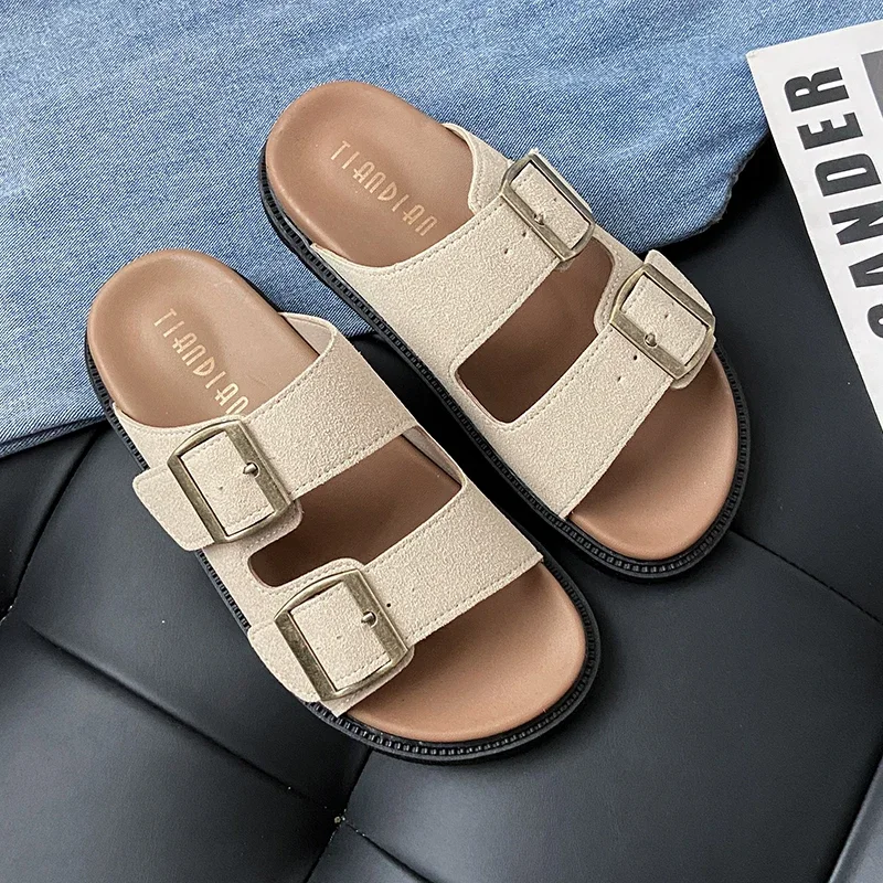 Sandals for Women Double Buckle Adjustable Slides Arch Support Fashion Slip on Flat Open Toe Summer Walking Slippers