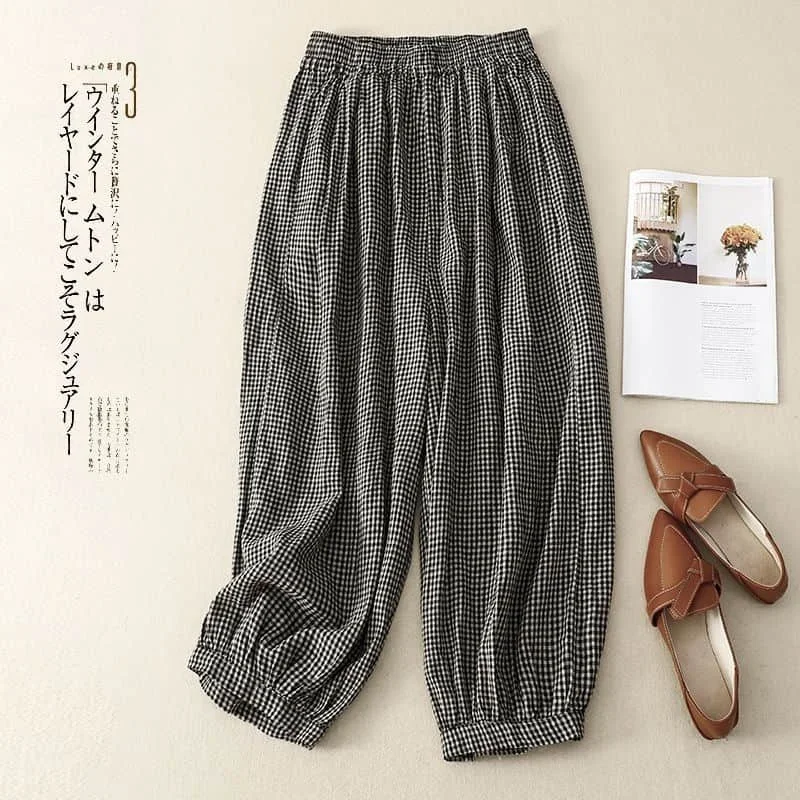 

Pop Cotton Linen Pants For Women Plaid Loose Casual Vintage Summer Thin New Korean Style Literary Elastic Waisted Harem Pants Wo