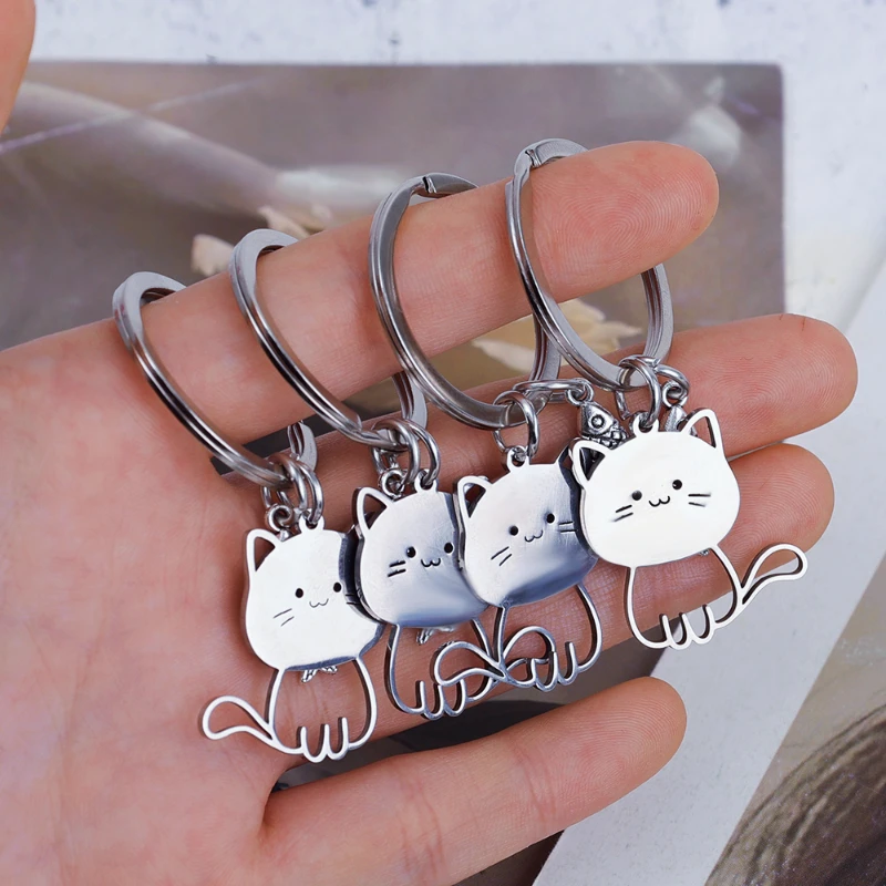 1/2pcs Stainless Steel Lovely Cat Keychain Couple Lover Animal Matching Keyring Cat Eating Fish Pendants Valentine\'s Day Gift