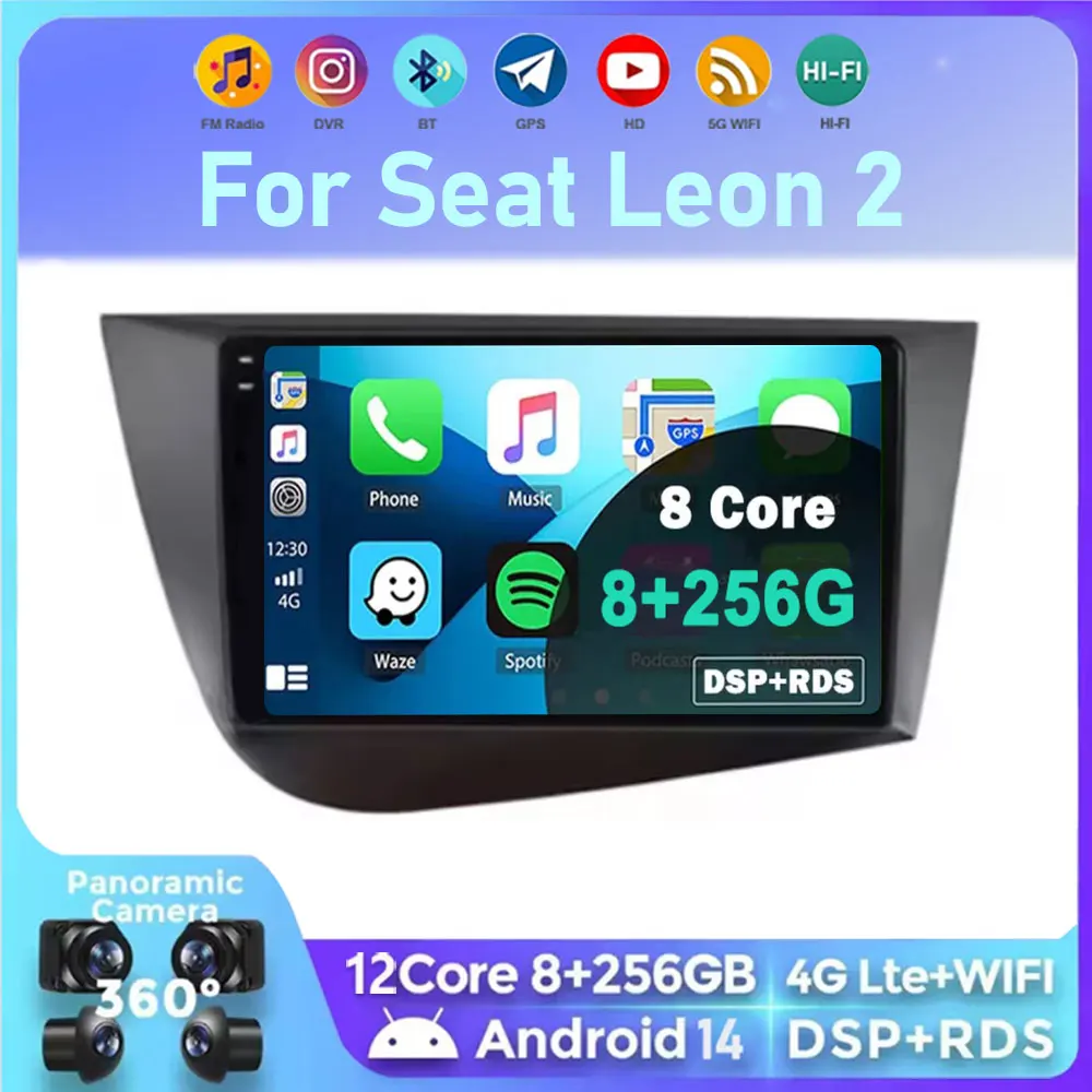 Android 15 Auto Radio navegación GPS Carplay para Seat Leon 2 MK2 2005-2012 RHD reproductor de vídeo Multimedia cámara estéreo WIFI + 4G