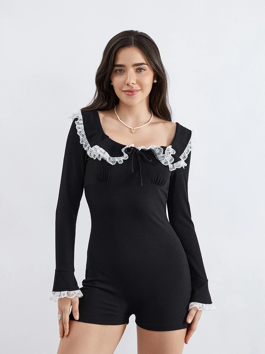 المرأة الصيف رومبير عادية الدانتيل المرقعة خارج الكتف قصيرة الأكمام بذلة Playsuit ارتداءها كلوبوير الشارع نمط