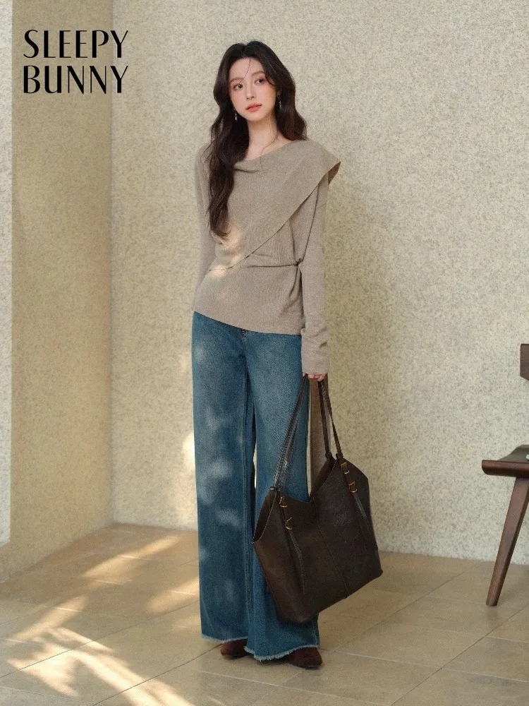 

Women Spring Knit Top Draped Asymmetric Tie Retro Relaxed Fit Design Pullover for Lady Casual Daily Wear Chic Cozy Knitwear