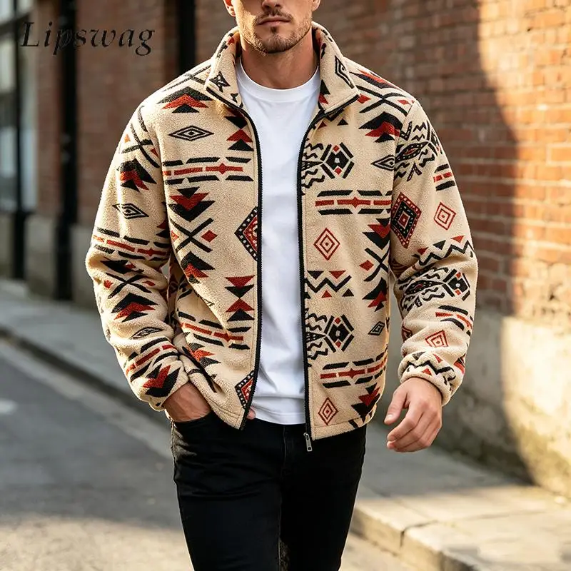Autumn Mens Pattern Print Zip Up Stand Collar Jacket Fashionable Pattern Print Loose Long Sleeve Daily Casual Outerwear Male