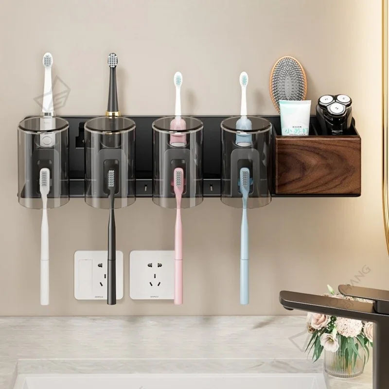 Luxury Walnut Bathroom Electric Toothbrush Holder Wall-Mounted Toothpaste Holder with Toothbrush Cup and Mouthwash Cup Rack