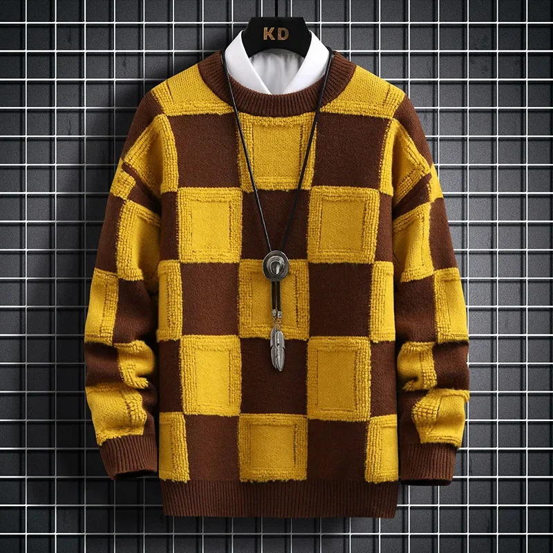 2023 New Fall Winter Men\'s Pullovers Sweaters High Quality Korean Style Thick Warm Cashmere Sweater Mens Luxury Plaid Pull Homme