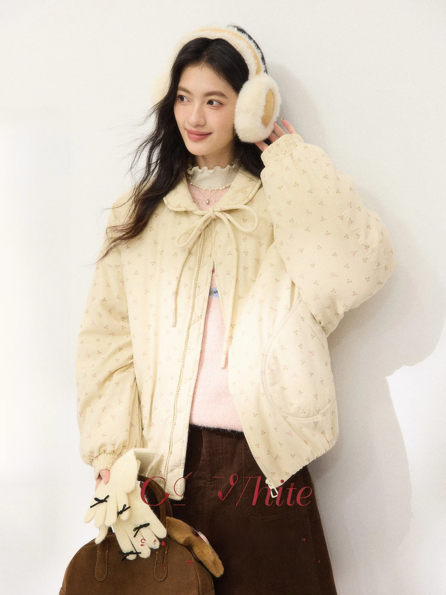 

ORWhite Retro Cotton Jaet Women's Floral Print Stand Collar Belted Loose Slimming ort Outerwear Winter Faion Ladies