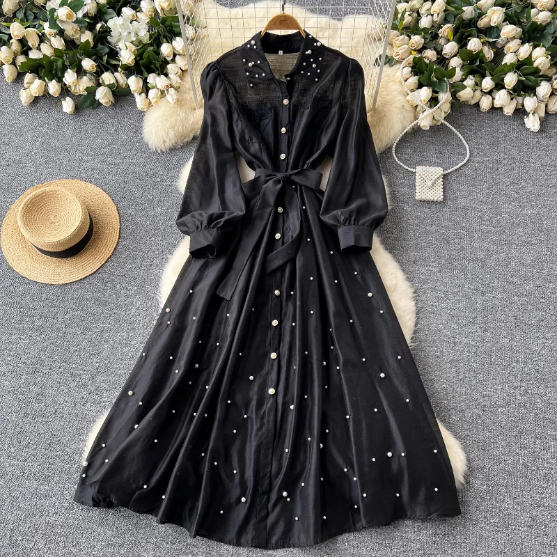 Neploe Elegant Vintage Heavy Beading Lapel Neck Dresses Sexy Slim Waist Bottoming Camisole Dress for Women Two Piece Sets