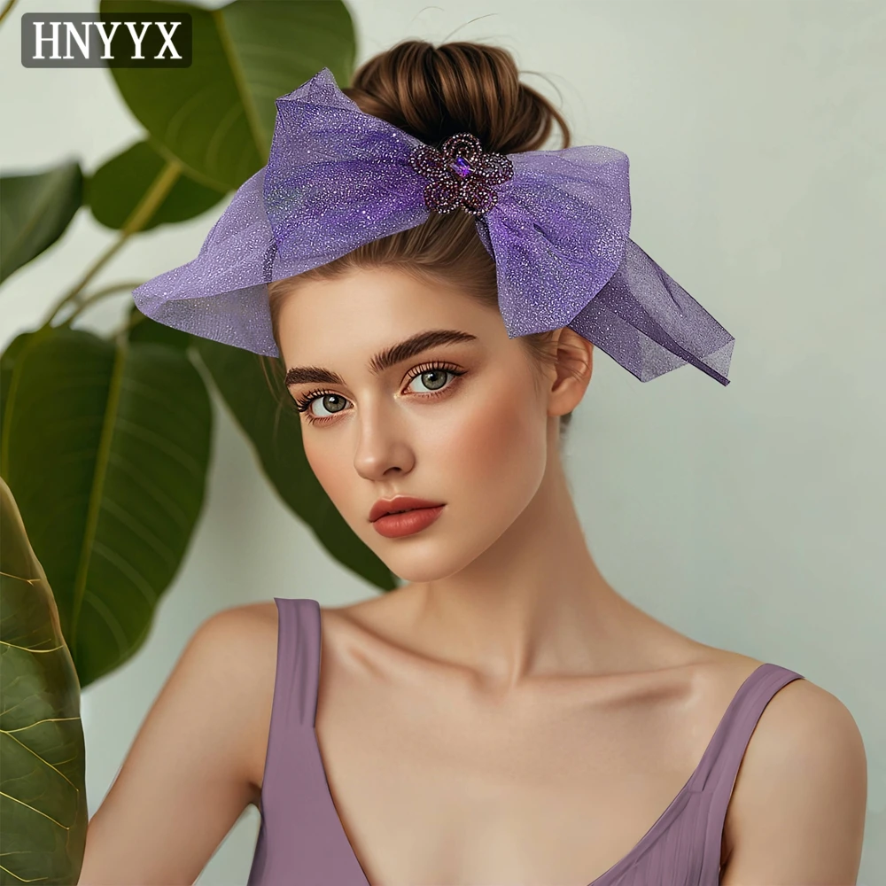 HNYYX Purple Glitter Tulle Bow Headband Handmade Beaded Crystal Flower Head Hoop Princess Headpieces Hair Accessories A32