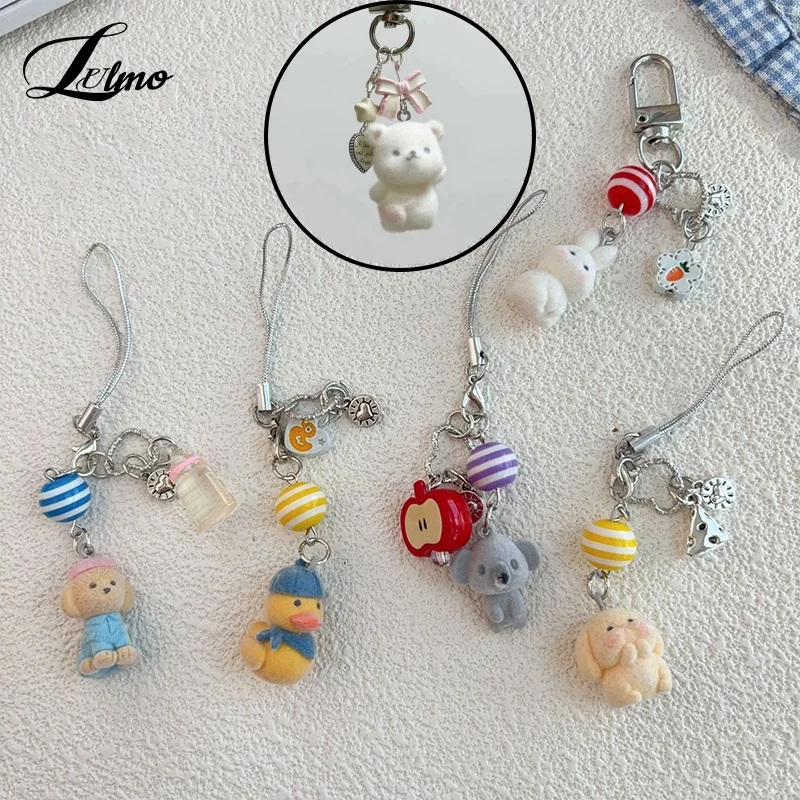 Cute Flocked Cat Koala Duck Dog Keychain Mobile Phone Chain Anti-Lost Lanyard Pendant Earphone Camera Chain Hangings Ornaments