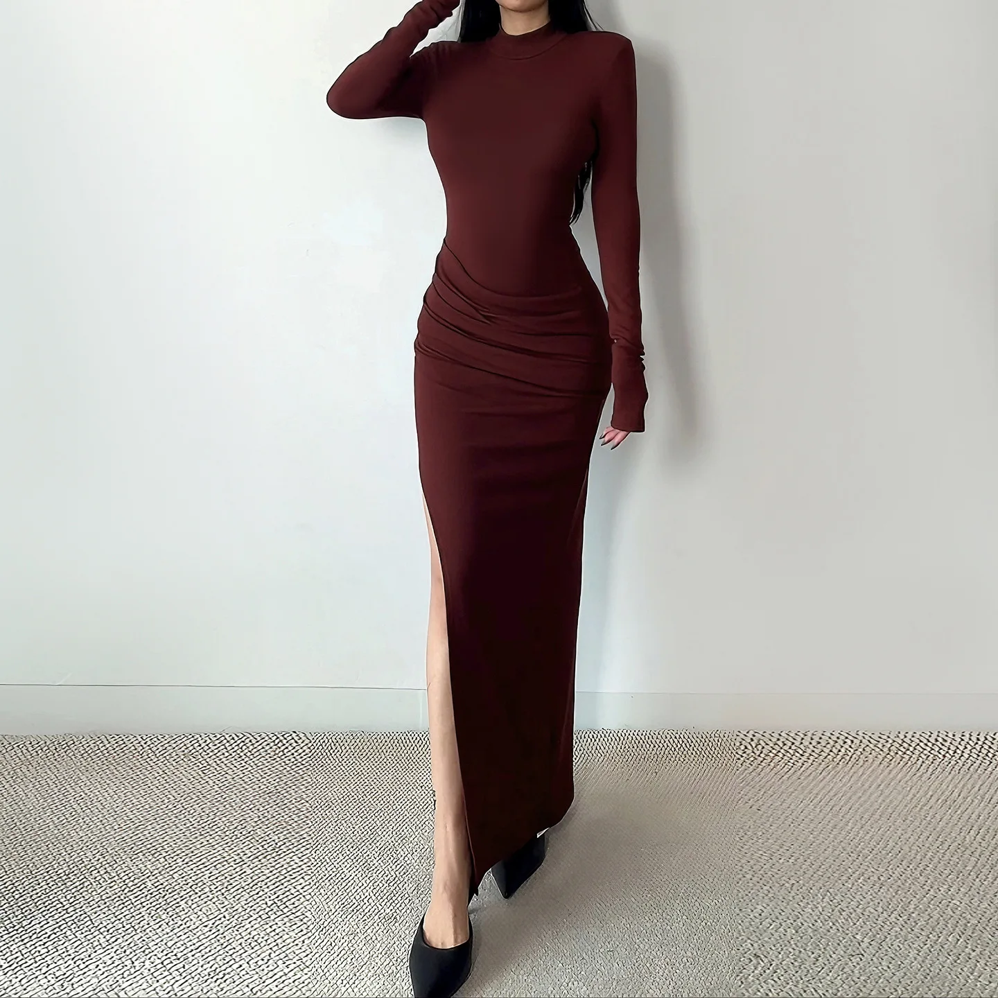 Harajuku Borgogna Abito da sera per le donne Alta fessura Multi-strato increspato Aderente Gonna a sirena Eventi Festa di ballo Abiti Robe