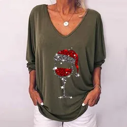 Poplin Shirt Women 2020 Autumn And Winter Long-Sleeved Christmas Wine Glass V-Neck T-Shirt Womens V Neck T Shirt