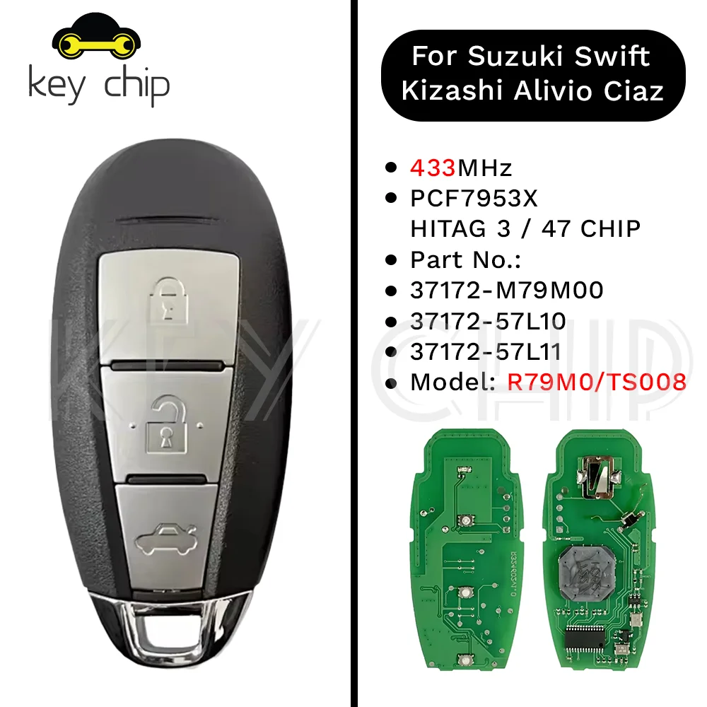 

FCCID: TS008 Smart Key FOB 2/3 кнопка 433 МГц PCF7952/ID46 чип для Suzuki Swift Kizashi 2010-2016 37172-57L10