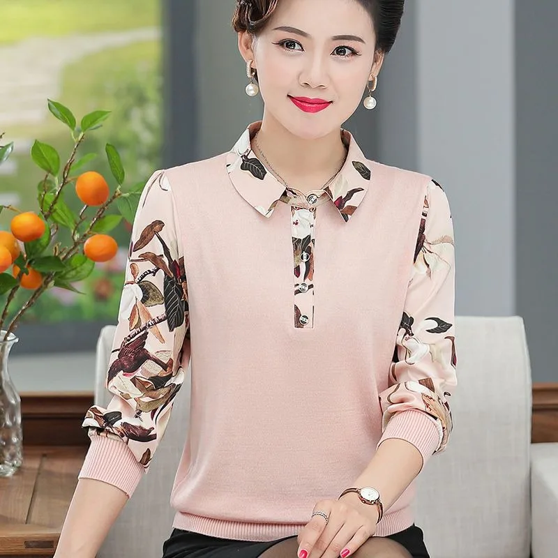 Middle Aged Women Knit T Shirt Spring Autumn Long Sleeve Top Elegant Belly Hiding Slim Mom Base Shirt