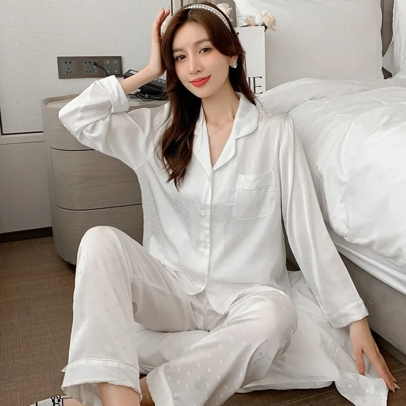 High Quality Pajamas Suit Women Spring Autumn Ice Silk Jacquard Long Sleeve Sleepwear Suit Large Size Female Thin Loungewear