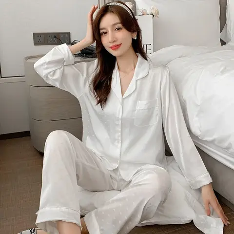 여성용 하이 퀄리티 잠옷 세트, 아이스 실크 자카드, 긴 소매 잠옷, 세트 라지 사이즈, 얇은 라운지웨어, 용수철 가을