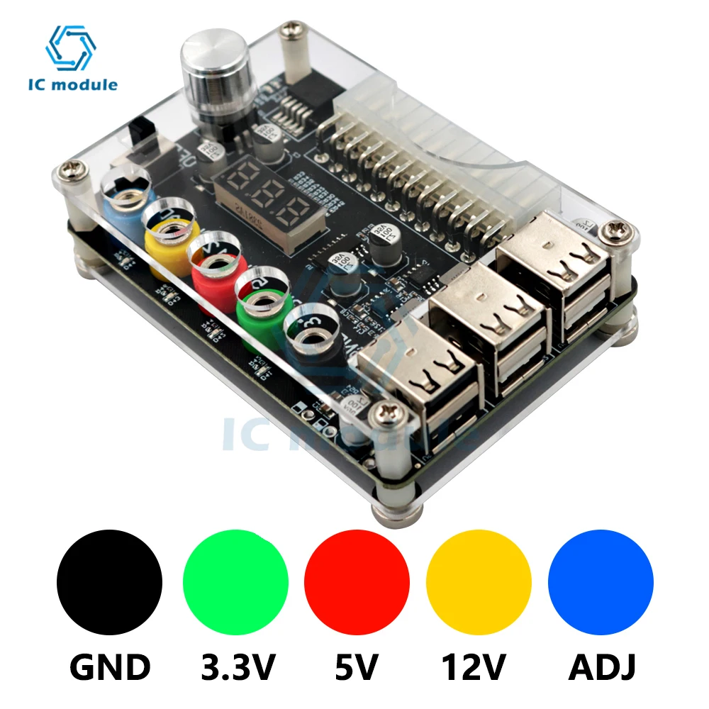 24Pin ATX Power Supply Breakout Board Power Module Adapter Connector Adjustable Voltage Knob 6 Port USB 2.0 Supports QC2.0 QC3.0