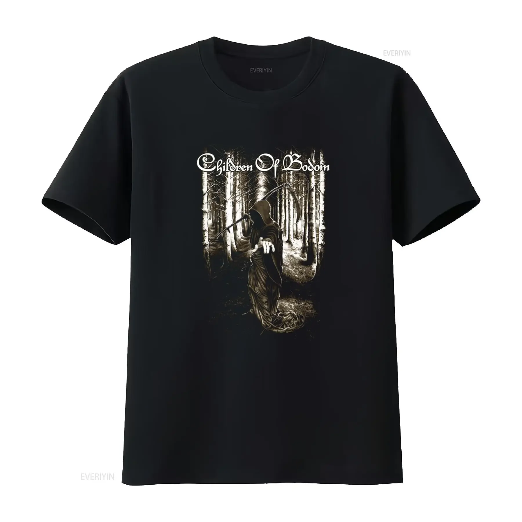 Gothic Grim Reaper Dark Forest Children Of Bodom Heavy Metal Print Casual T Shirt vintage Washed Slightly Top For Everyday Wear