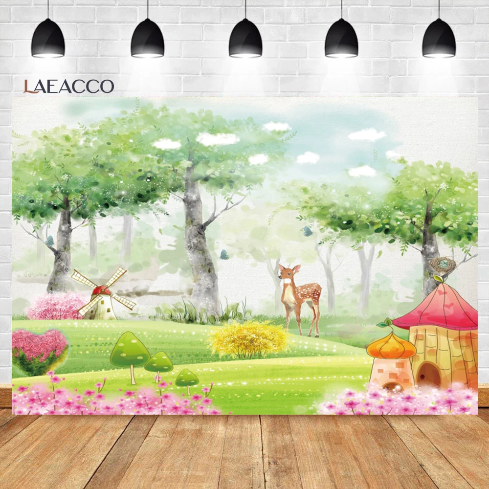 

Laeacco Fairy Tale Forest Deer Backdrop Photography Mushroom House Windmill Baby Kids Birthday Portrait Customized Background