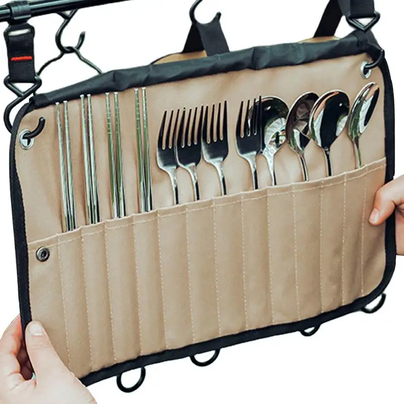 Camping Cutlery Roll Bag 12 Slots Roll Up Cutlery Storage Bag Picnic Cutlery Organizer Bag Multi-Purpose Storage For Forks