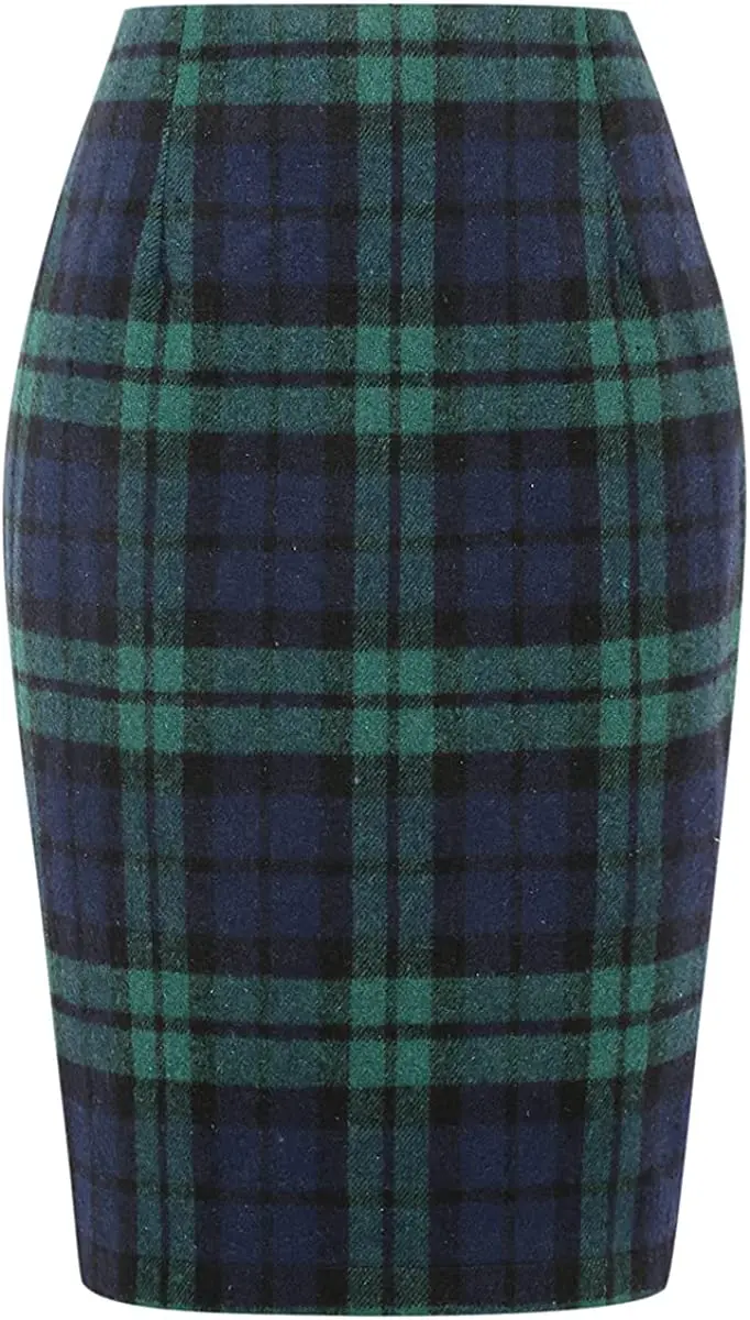 

Plaid Skirts for Women Fall Winter Knee Length Pencil Wool Skirt with Slit