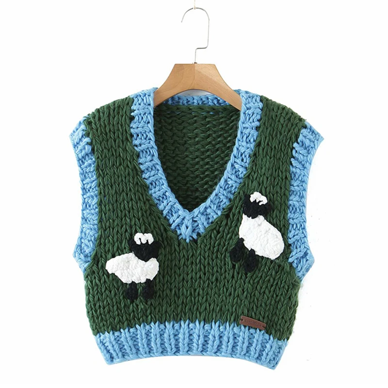 Handmade Sheep Crop Sweater Vest V-neck Stick Knit Outerwear Top Small Animal Applique Short Jumper Autumn/Winter Woman Clothing