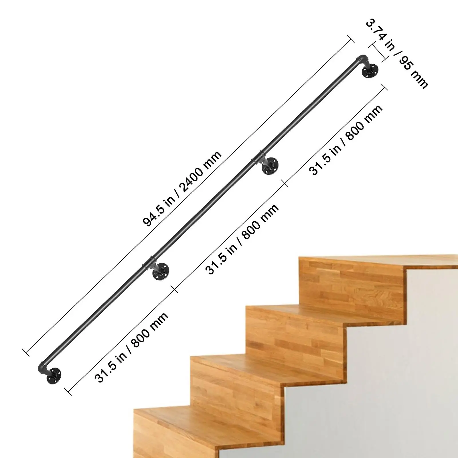 Industrial Pipe Stair Handrail 8FT Carbon Steel Wall Mounted Railing with Round Corner Supports 440LBS Load Capacity for indoor Outdoor Stairs