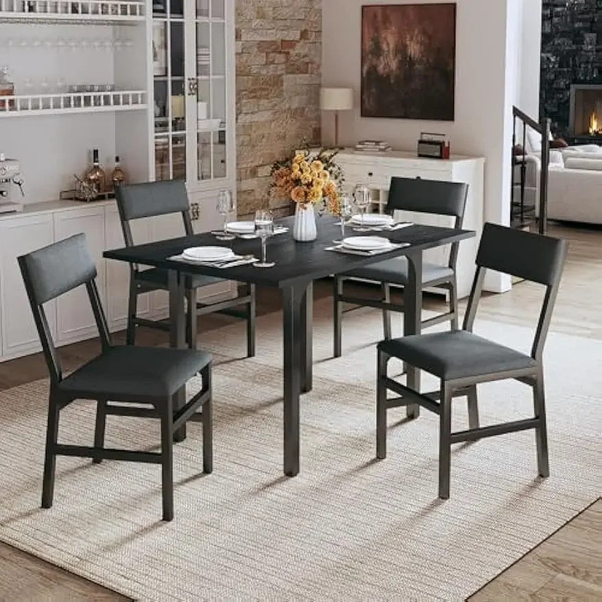 Dining Table Set for 4, Extendable Kitchen Table Cushion Chairs Set of 4, Rectangle Dining Table with Metal Frame Board, F