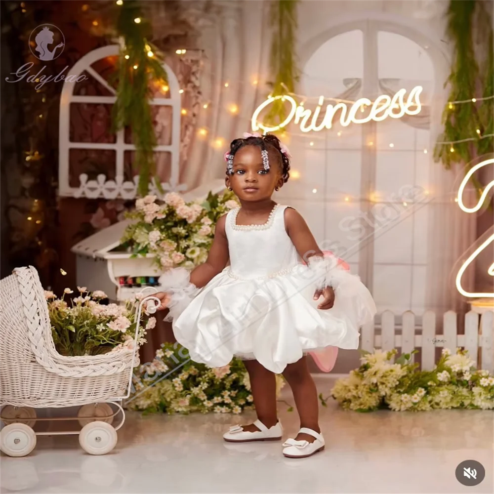 فساتين فتاة الزهور البيضاء لؤلؤية لحفلات الزفاف بفيونكة وردية بطول الركبة وحفلات أعياد الميلاد مخصصة للمناسبات الرسمية ثوب مسائي #2