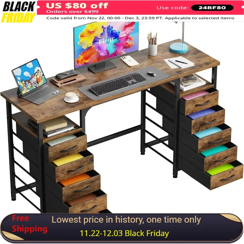 

Writing Desk, with 10 Fabric Drawers Classified Organizer - 55"/140 Office Desks with Ample Storage, Writing Desk