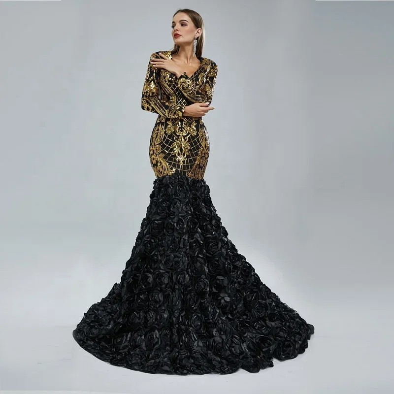 Wholesale Women's Sexy Slim Hip Evening Party Dress Long Sleeve Bespoke Plus Size Ruffles Gold Sequin Black Prom Cocktail Gowns