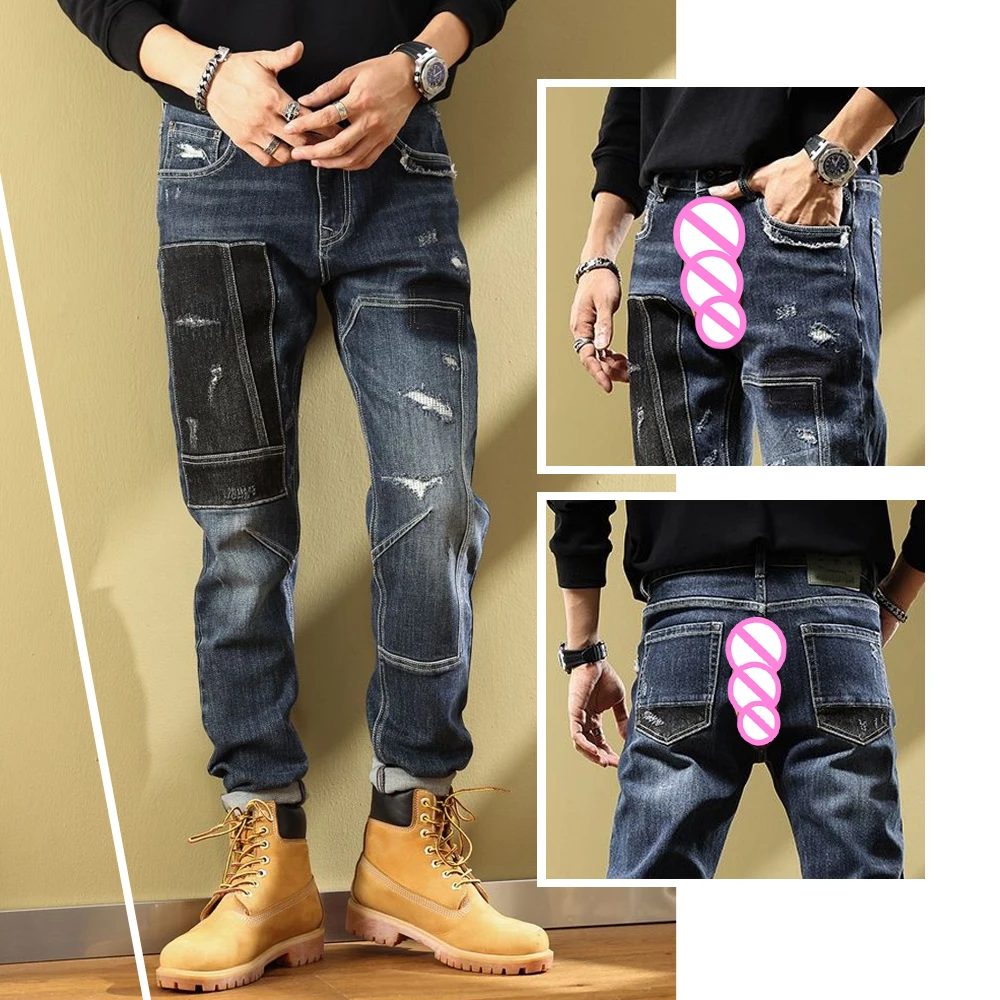 

Dark Blue Straight Pants Splicing Jeans Men's Streetwear Invisible Open Crotch Outdoor Sex Ripped Locomotive Men Trousers Trend